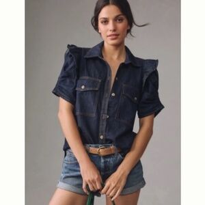 Pilcro Ruffle-Sleeve Denim Buttondown Shirt
